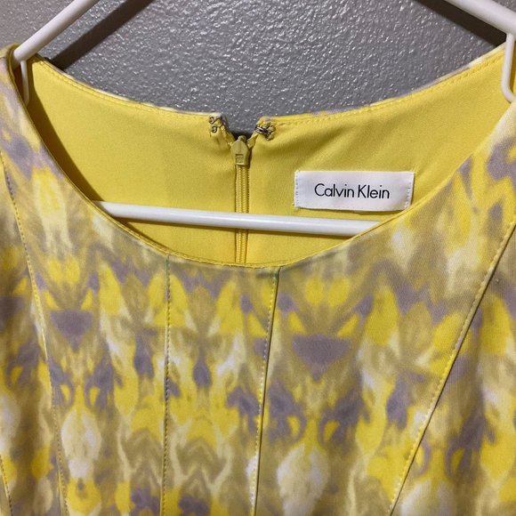 Calvin Klein Yellow Gray Geometric Watercolor Print Dress Fit Flare Pockets Sz 2 - Picture 2 of 3